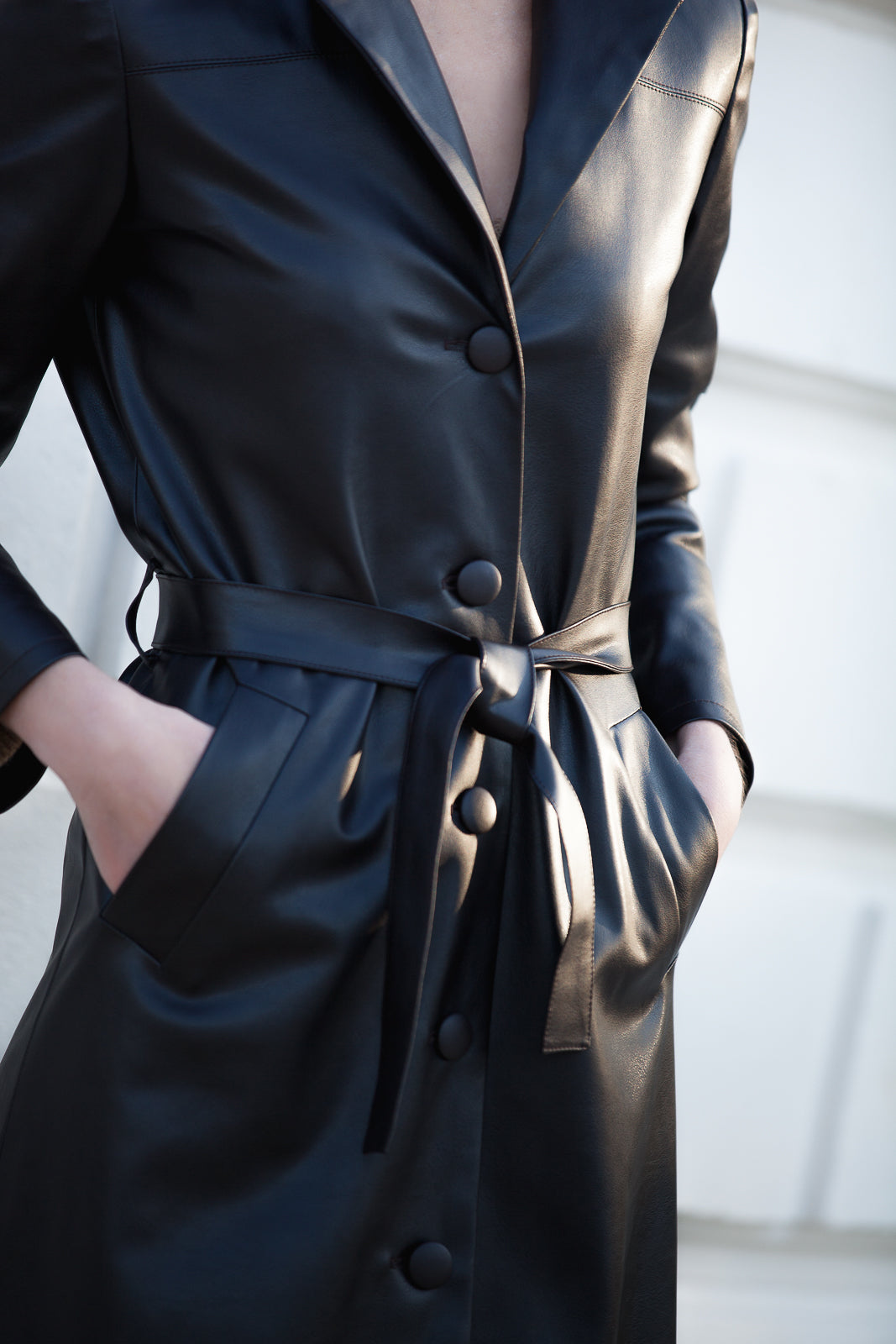 Faux Leather Midi Coat With Belt