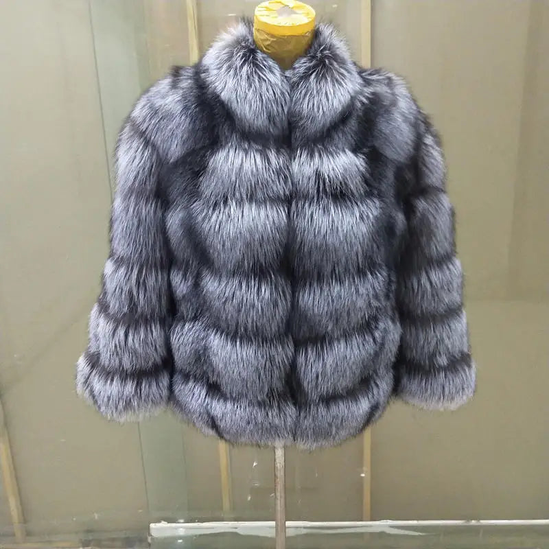 True Natural Fox Fur Coat Thick Silver