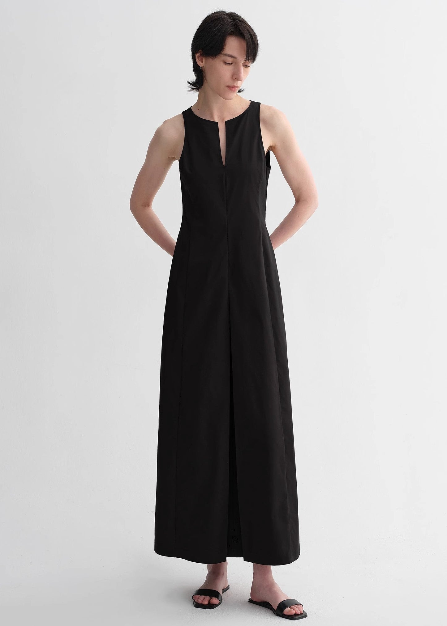 Micro-Cocoon-Shaped Pleated V-Neck Commuting Slim-Fitting Split Vest Dress