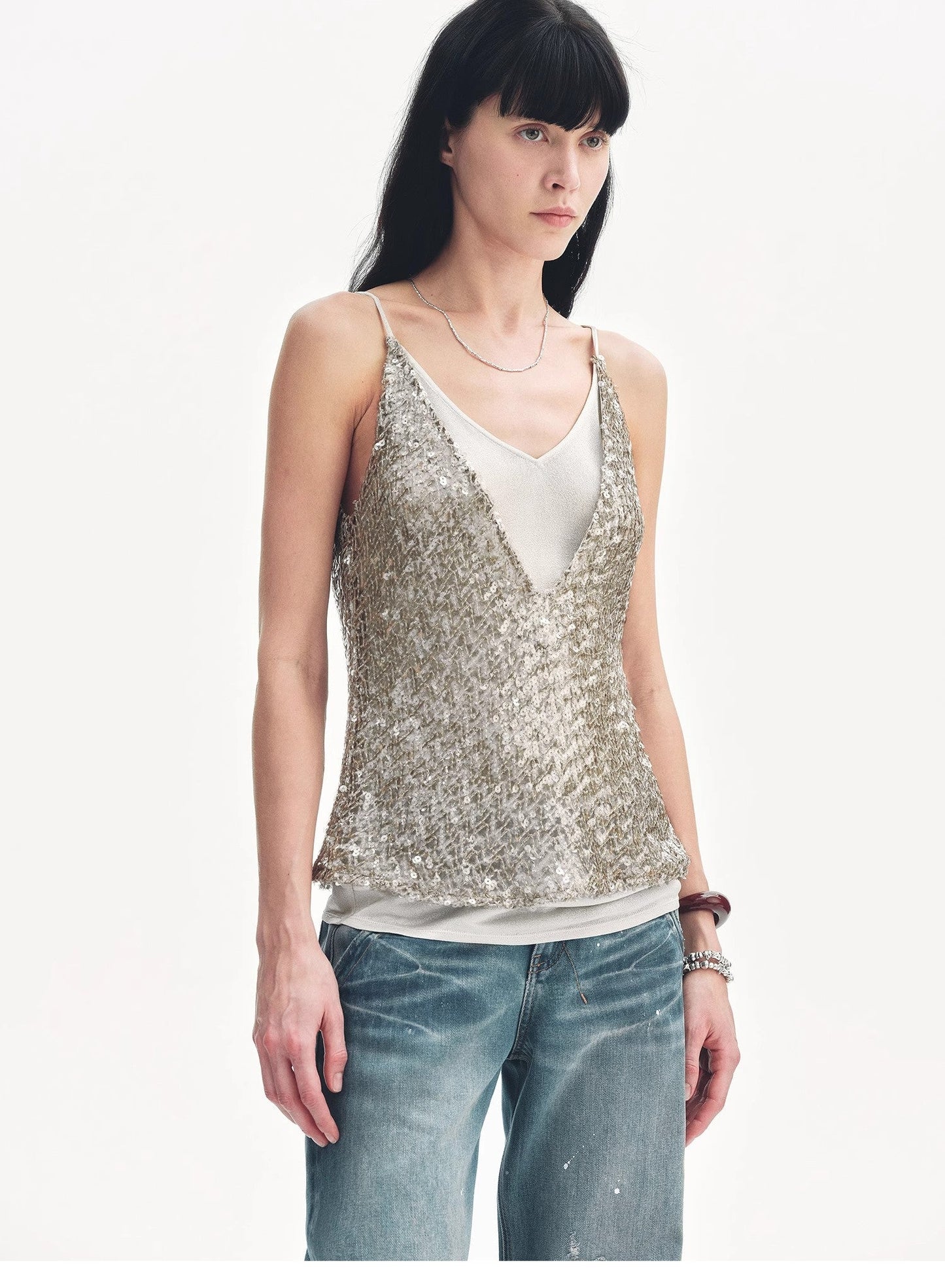 "Dream Catcher" Sequined Net Pattern Fake Two-Piece Deep v Waist Suspender Summer