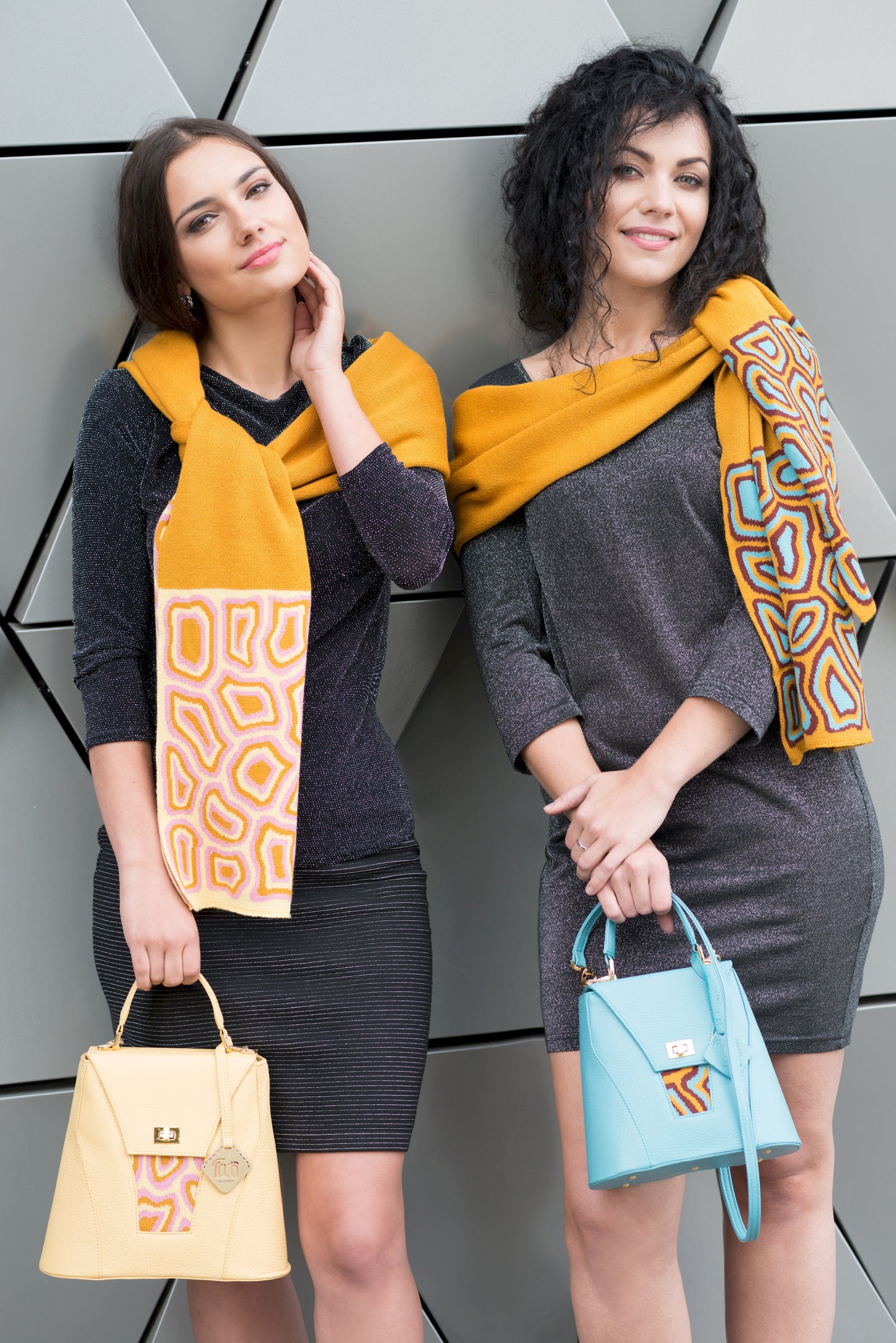TATI BODUCH Designer Handbag, AGATE Collection, Genuine Leather: Mustard, Knitwear: Pink