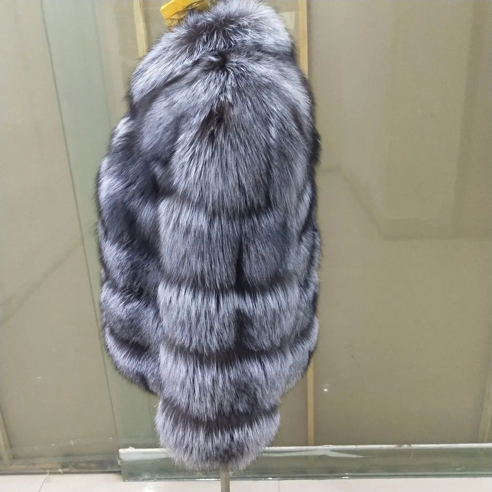 True Natural Fox Fur Coat Thick Silver