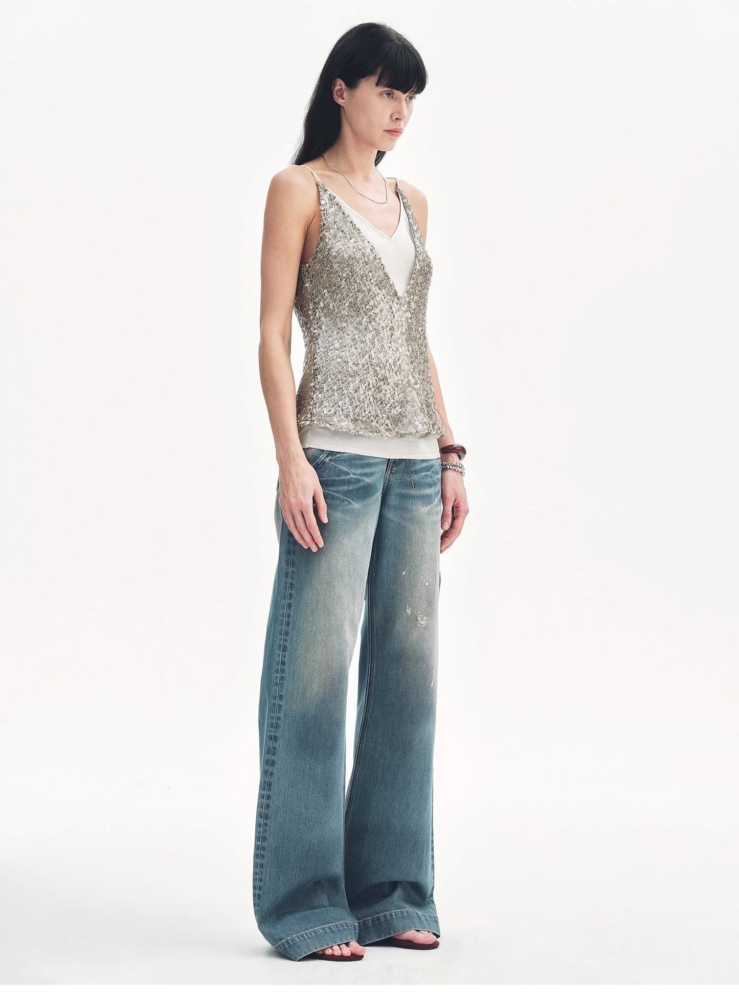 "Dream Catcher" Sequined Net Pattern Fake Two-Piece Deep v Waist Suspender Summer