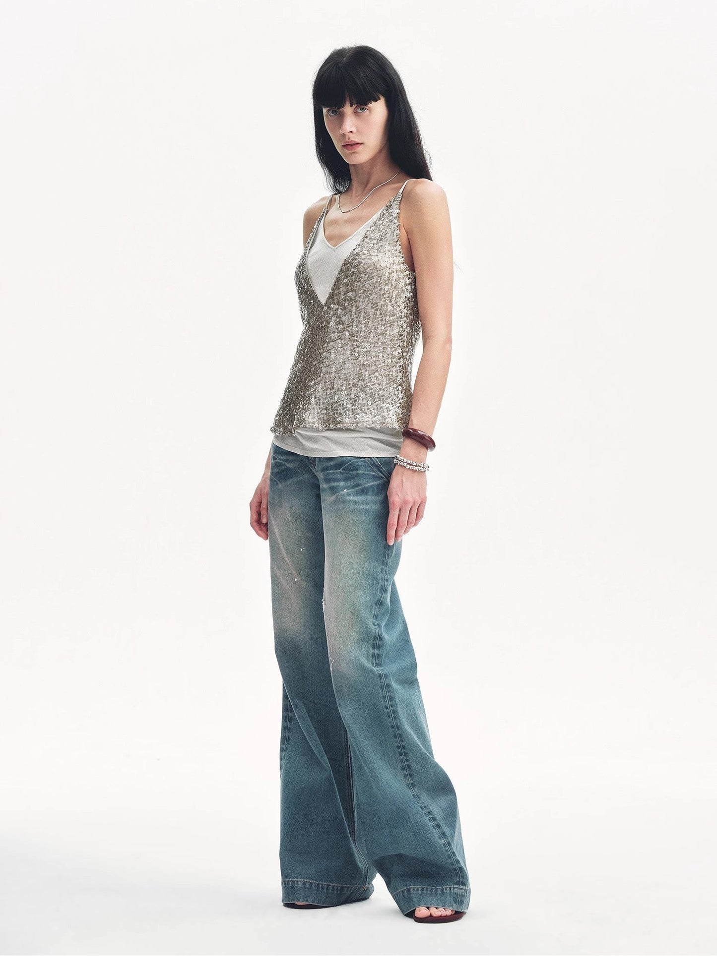 "Dream Catcher" Sequined Net Pattern Fake Two-Piece Deep v Waist Suspender Summer