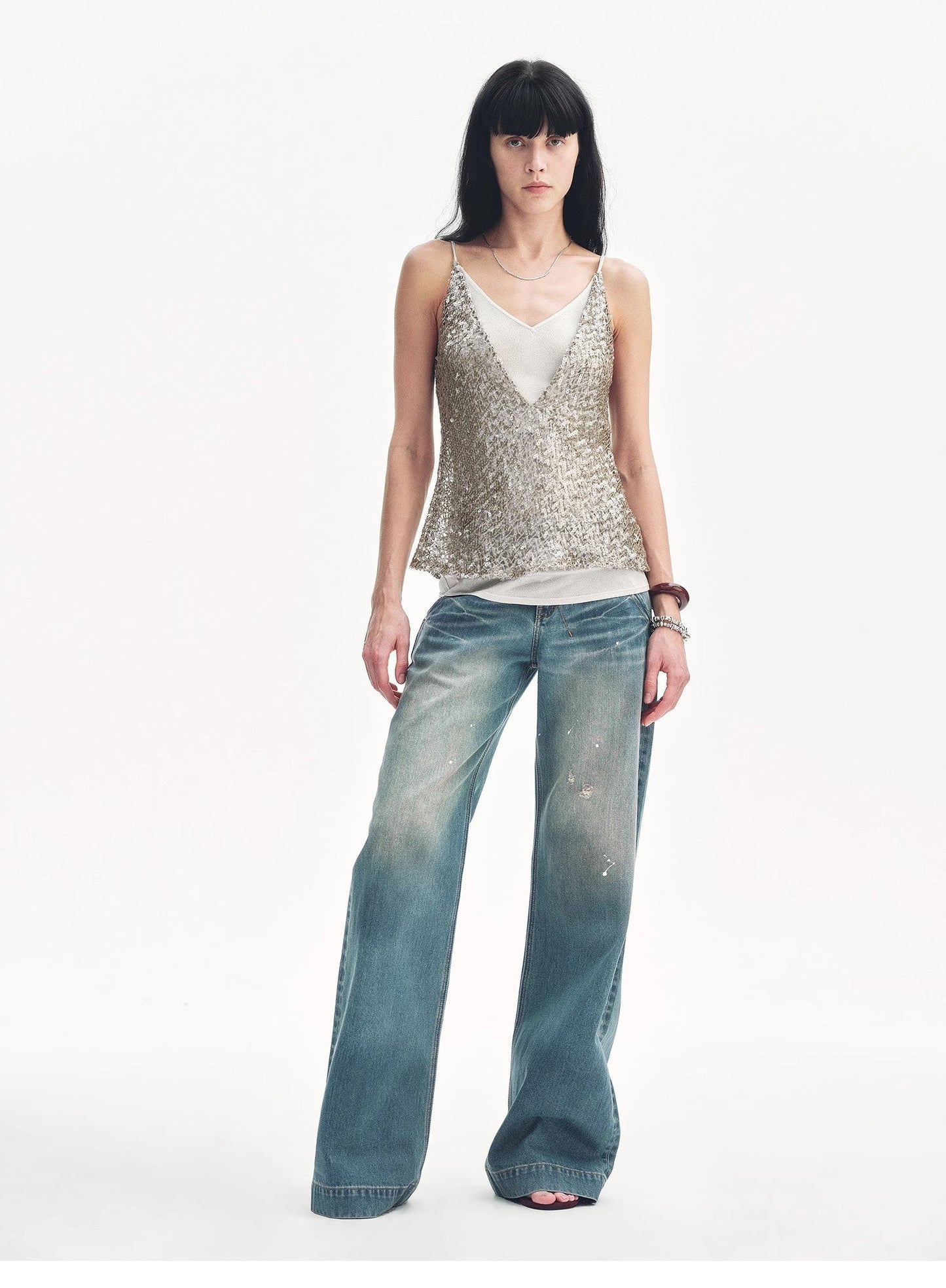 "Dream Catcher" Sequined Net Pattern Fake Two-Piece Deep v Waist Suspender Summer
