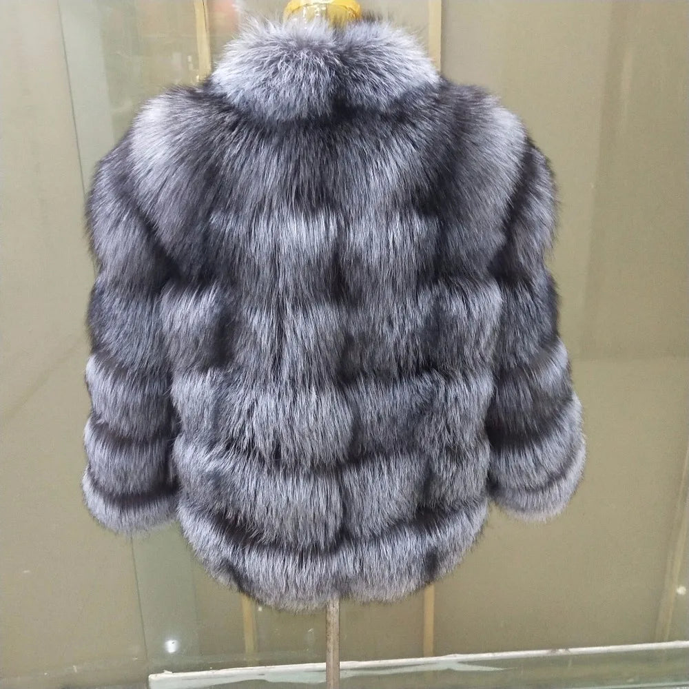 True Natural Fox Fur Coat Thick Silver