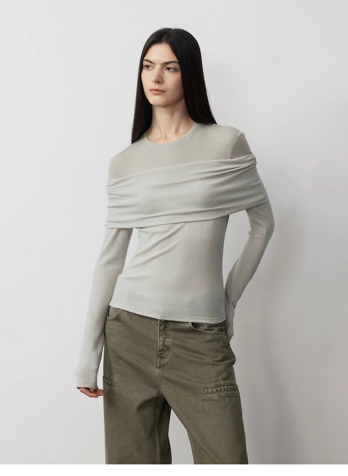 "Modern Tricks" Layere Splicing One-Shoulder Sheer Shirt