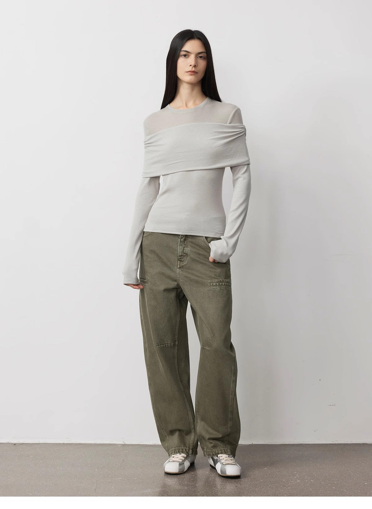 "Modern Tricks" Layere Splicing One-Shoulder Sheer Shirt