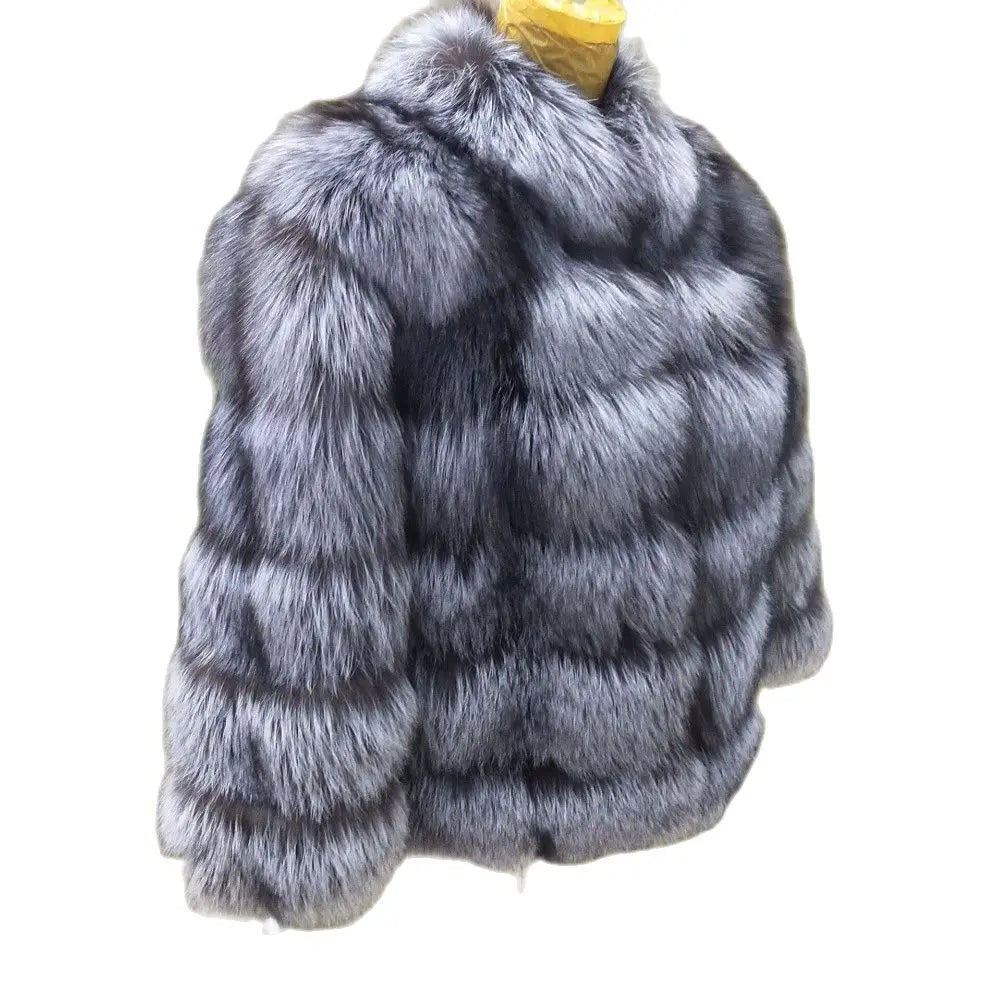 True Natural Fox Fur Coat Thick Silver