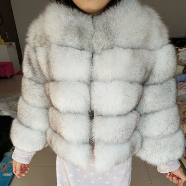 True Natural Fox Fur Coat Thick Silver