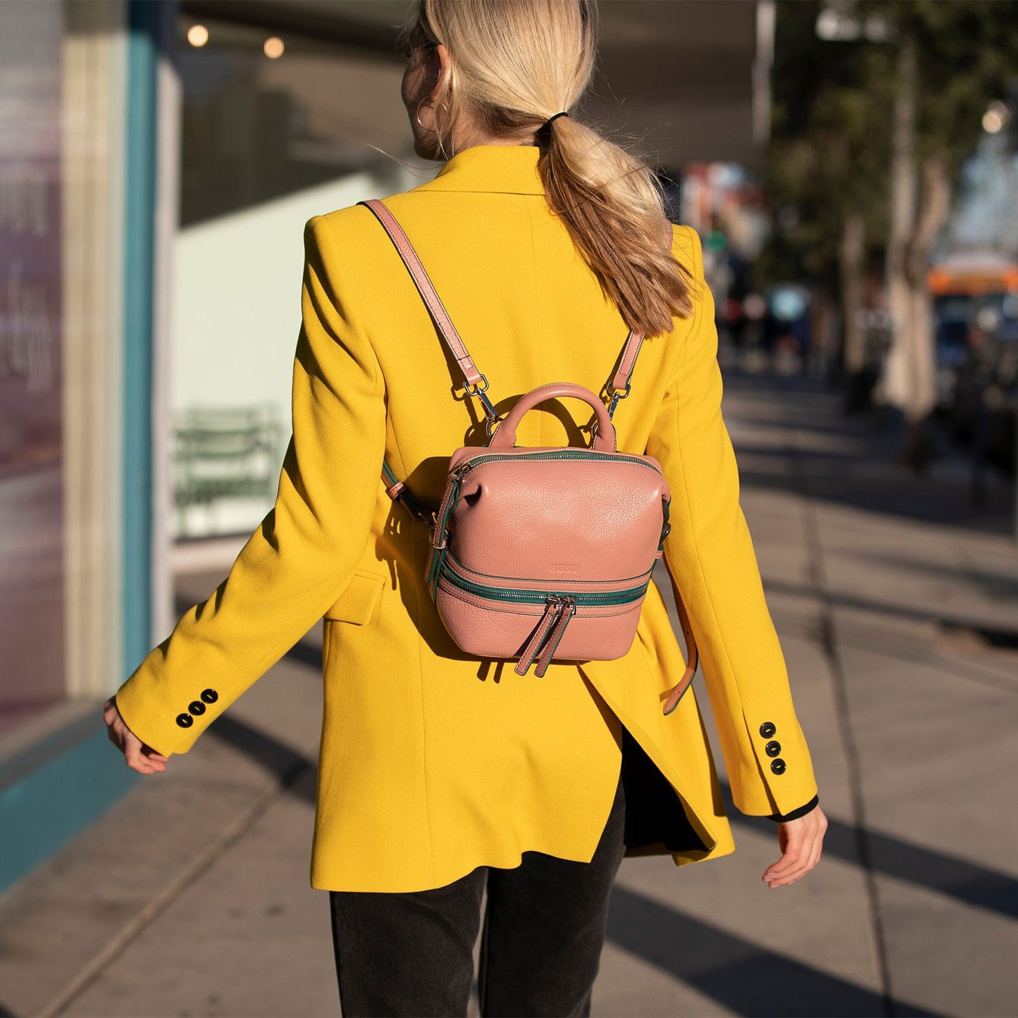 SUSU Pink Leather Backpack Purse for Women Convertible Crossbody Bag Medium Size With Front and Back Pockets