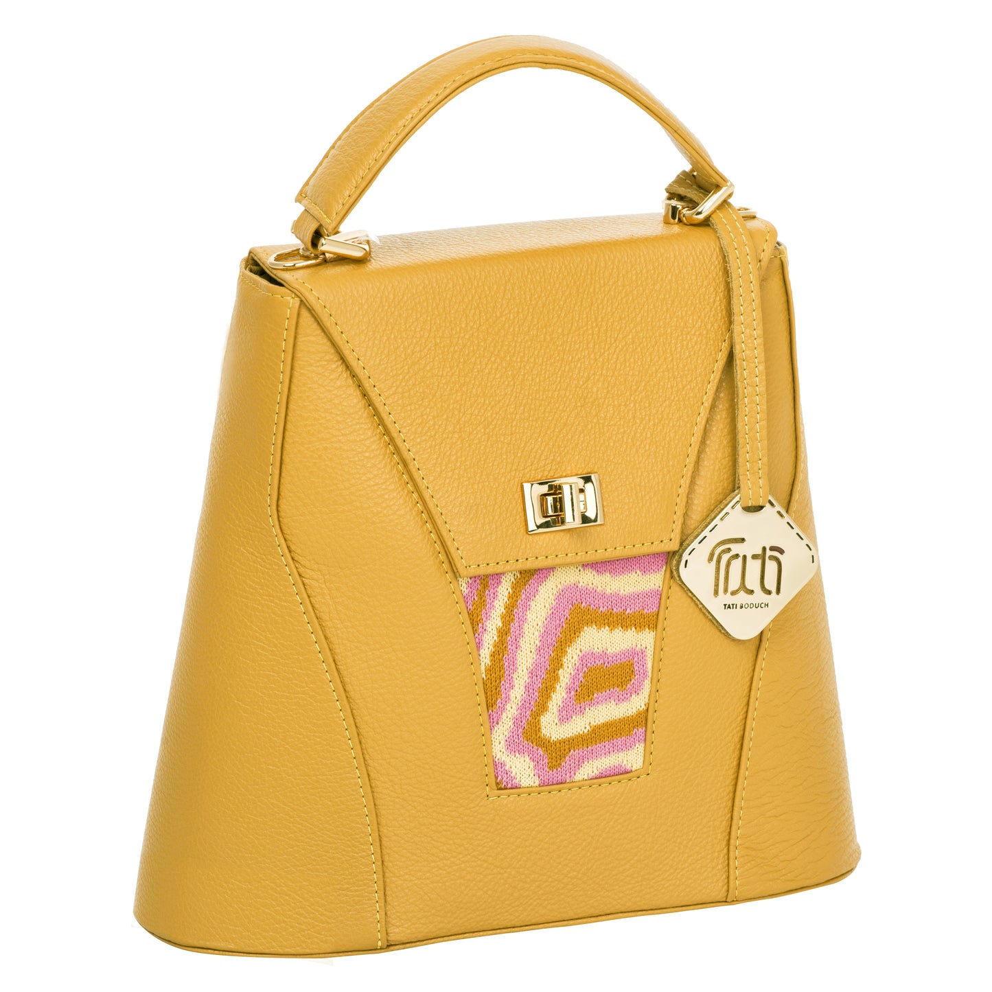 TATI BODUCH Designer Handbag, AGATE Collection, Genuine Leather: Mustard, Knitwear: Pink