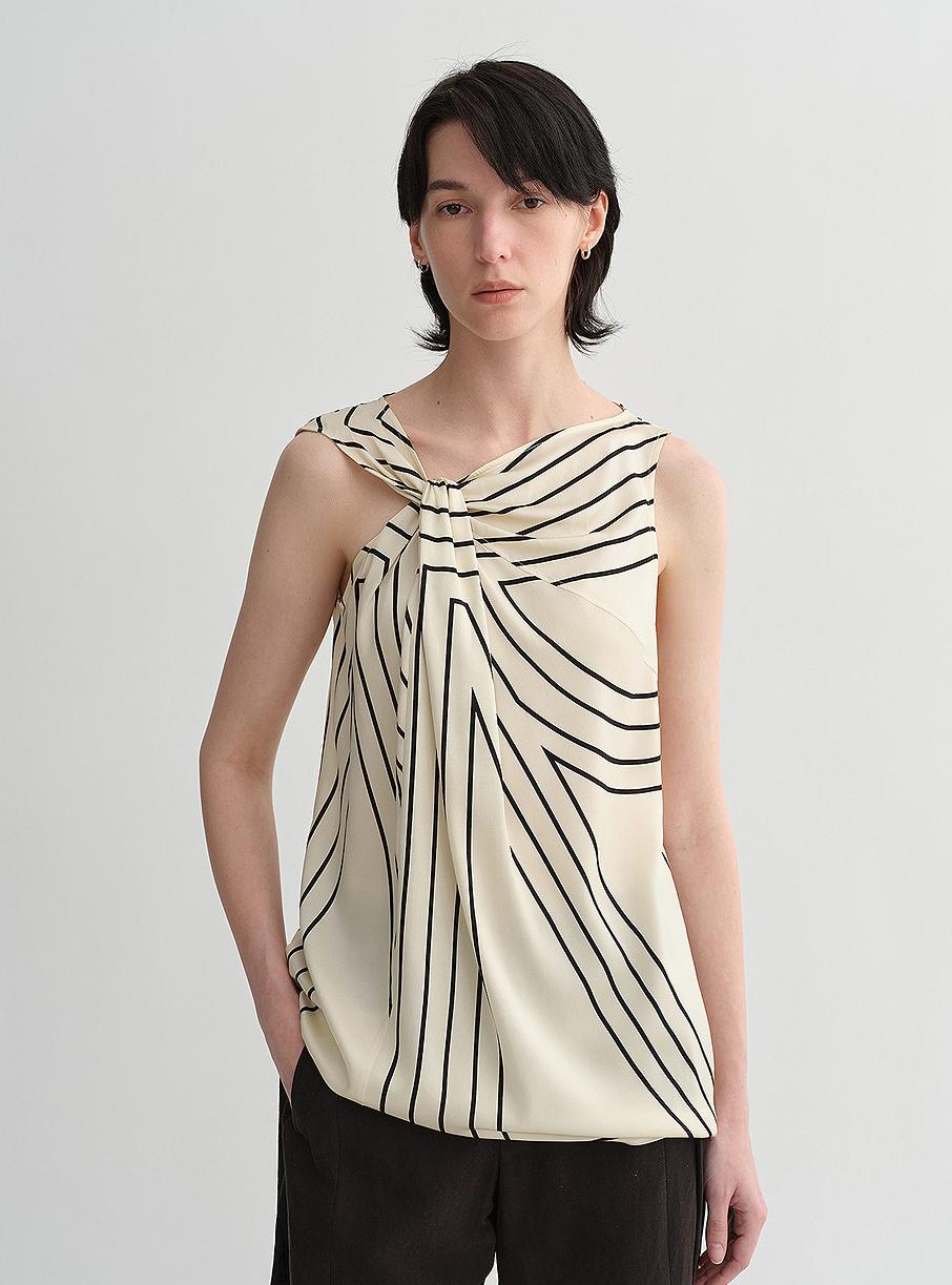 Elastic Silk Twisted Collar Original Geometric Print Slim Fit Multi-Occasion T-Shirt Sleeveless Vest for Women