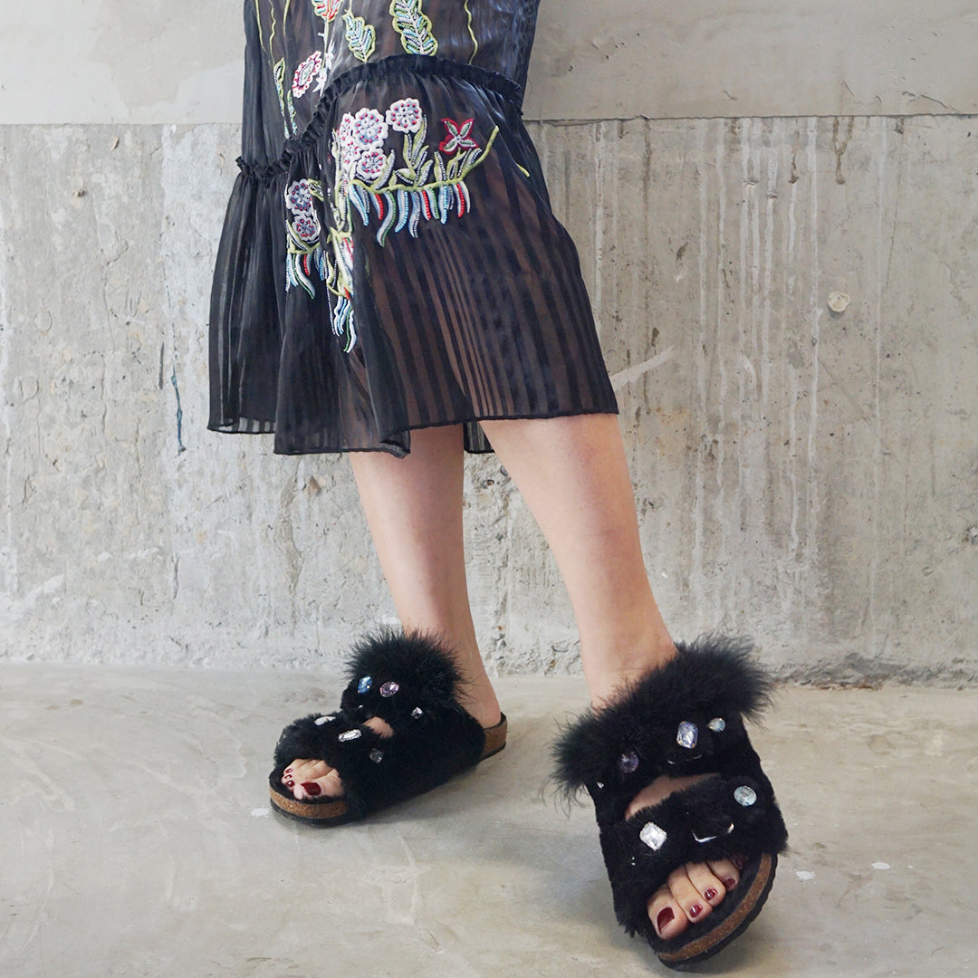 Shearling Fur Slide With Feather and Rhinestones - Black Flat Sandals