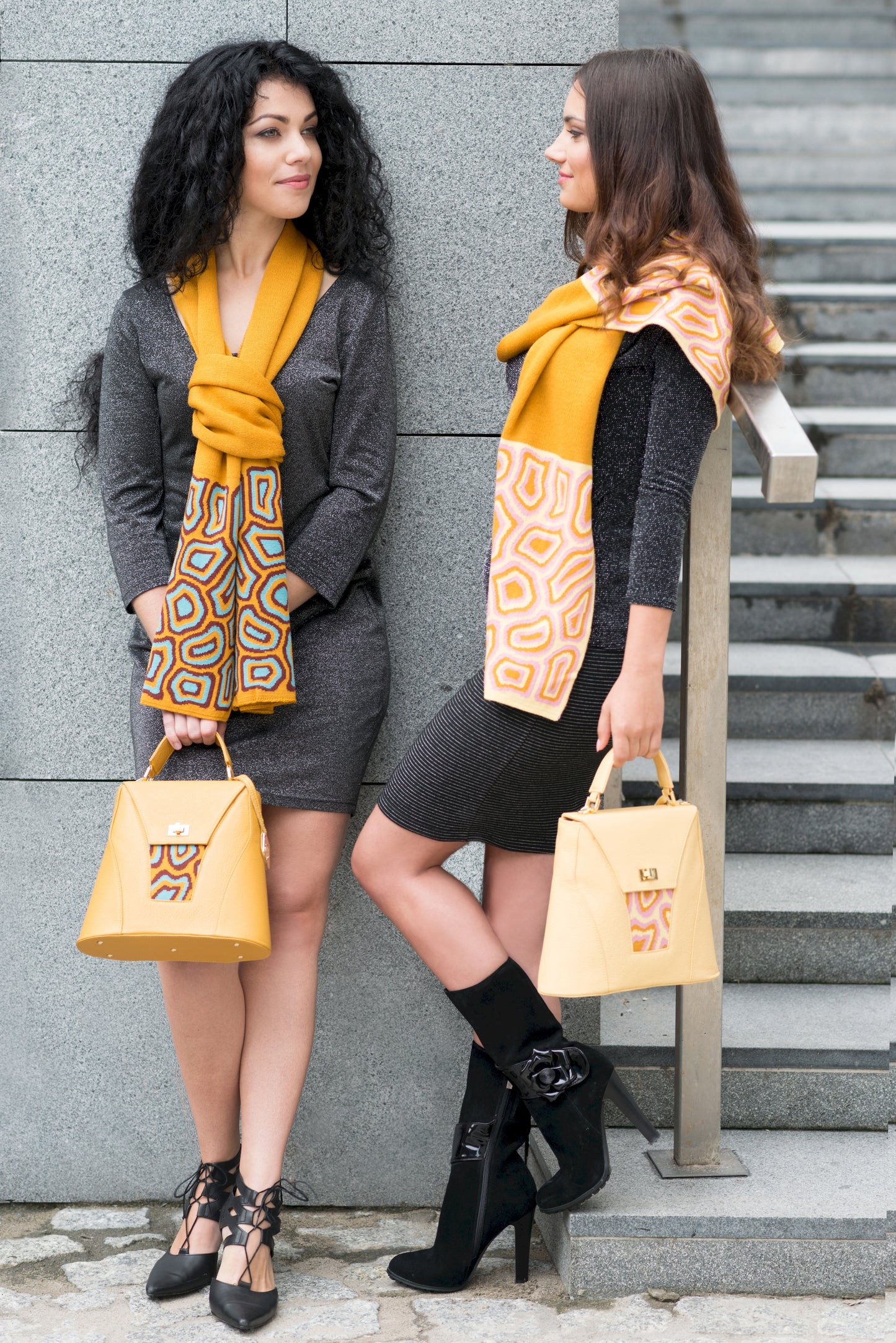 TATI BODUCH Designer Handbag, AGATE Collection, Genuine Leather: Mustard, Knitwear: Pink