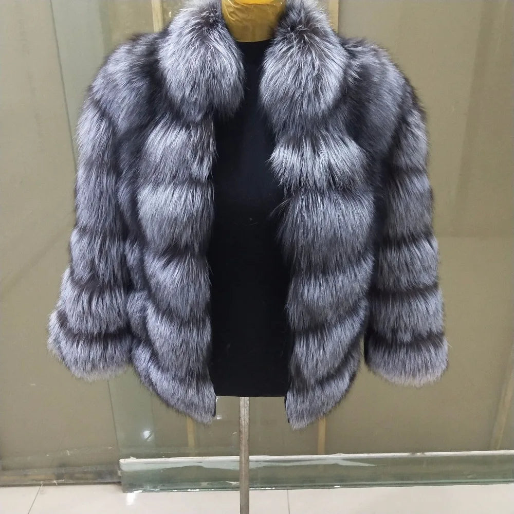 True Natural Fox Fur Coat Thick Silver