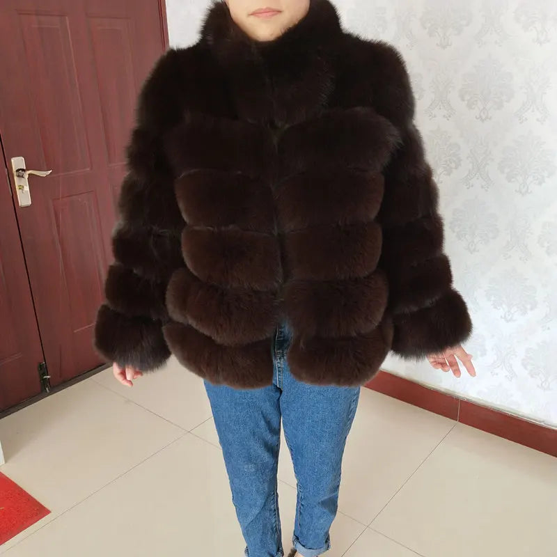 True Natural Fox Fur Coat Thick Silver