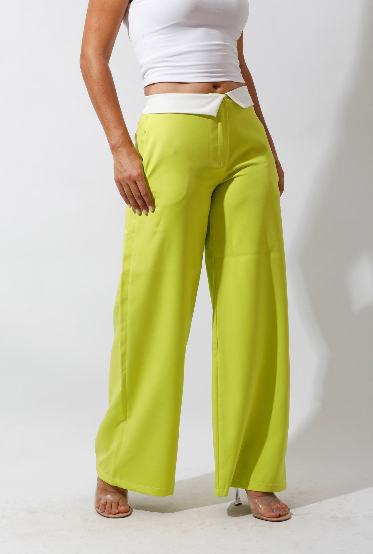 Reversed Waistband Wide Leg Pants - Lime Green