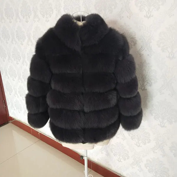True Natural Fox Fur Coat Thick Silver