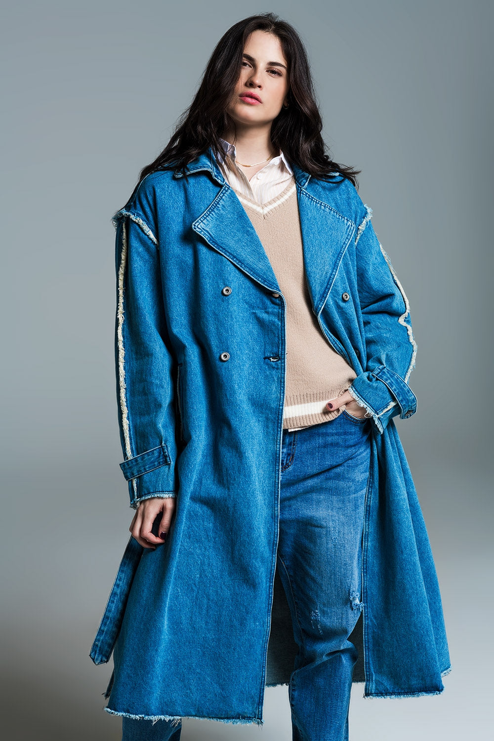 Demin Trench Coat With Belt and Raw Edges in Mid Wash