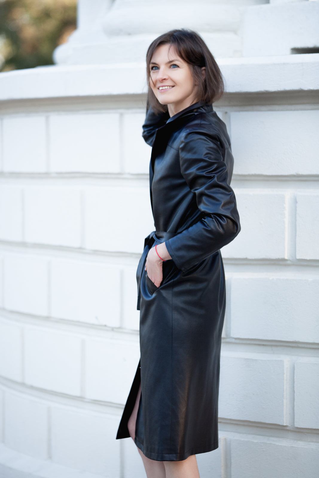 Faux Leather Midi Coat With Belt