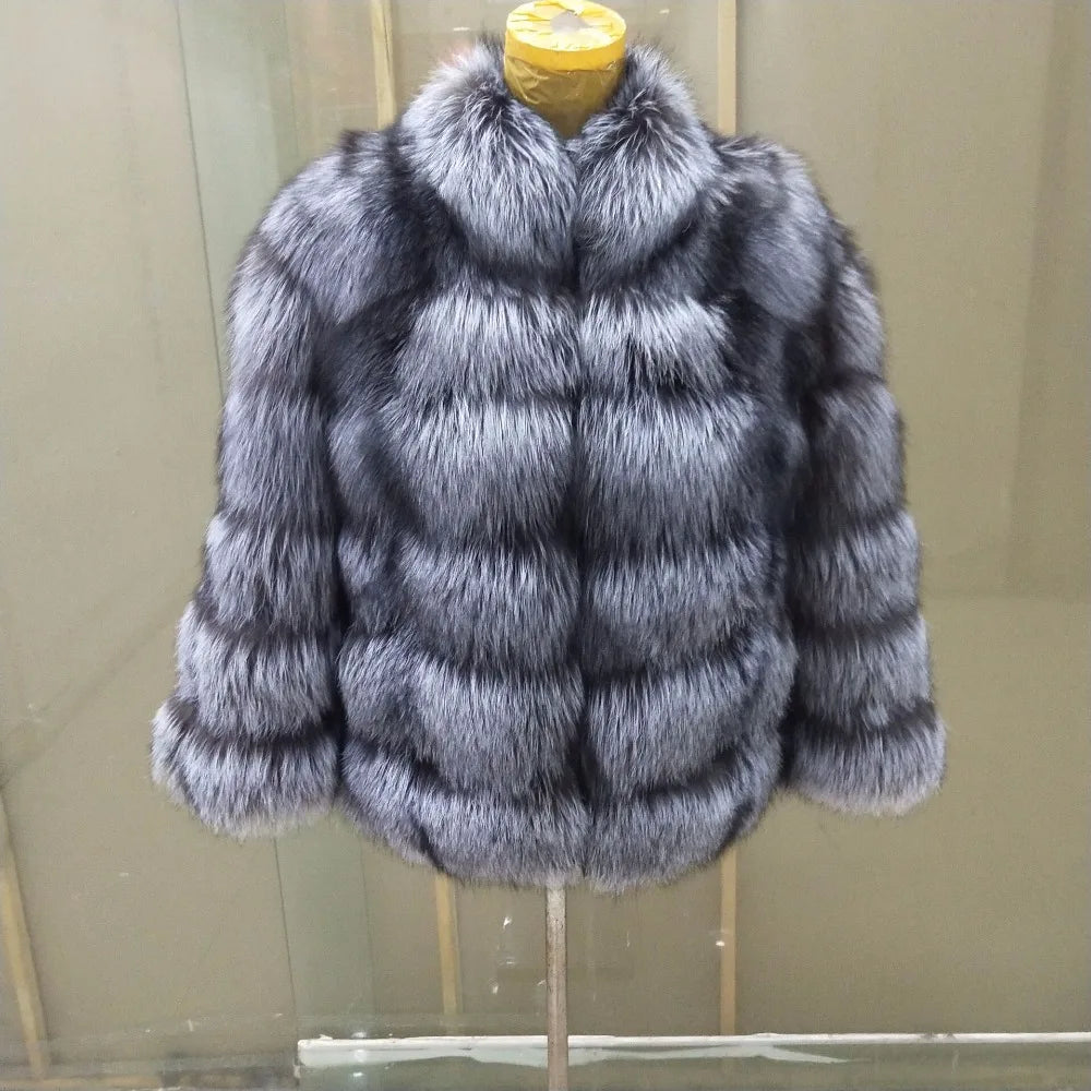 True Natural Fox Fur Coat Thick Silver