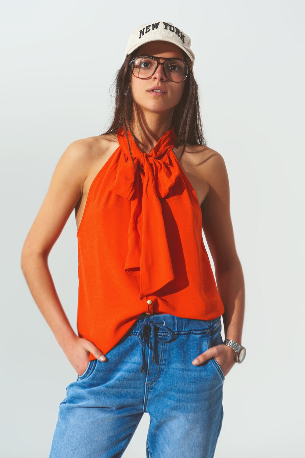 Halter Neck Top With Button Details in Orange