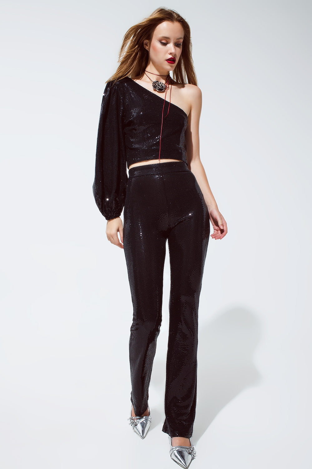 Party Cropped One Shoulder Top With Glitter Detail in Black