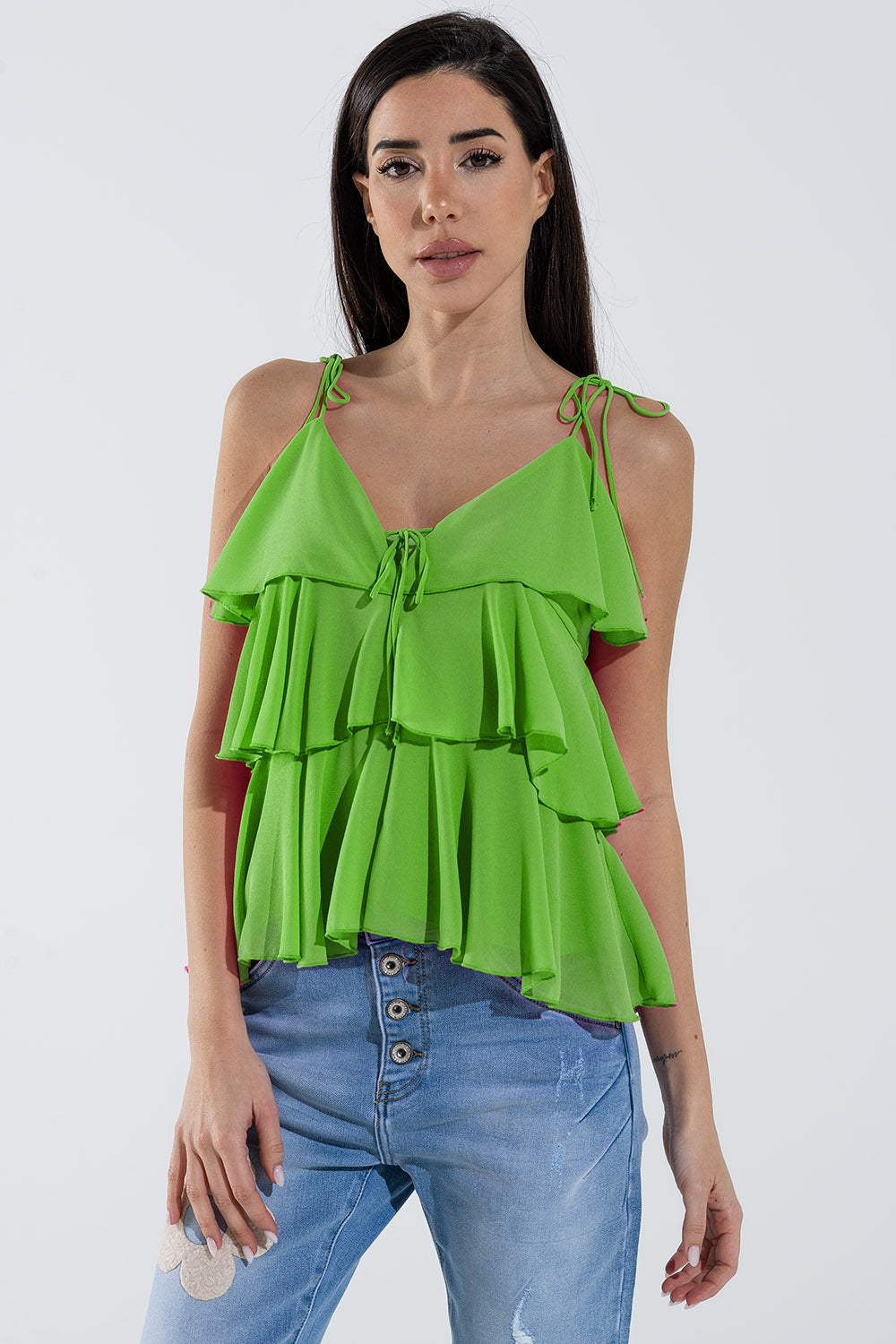 Ruffle Top WIth Thin Straps in Green