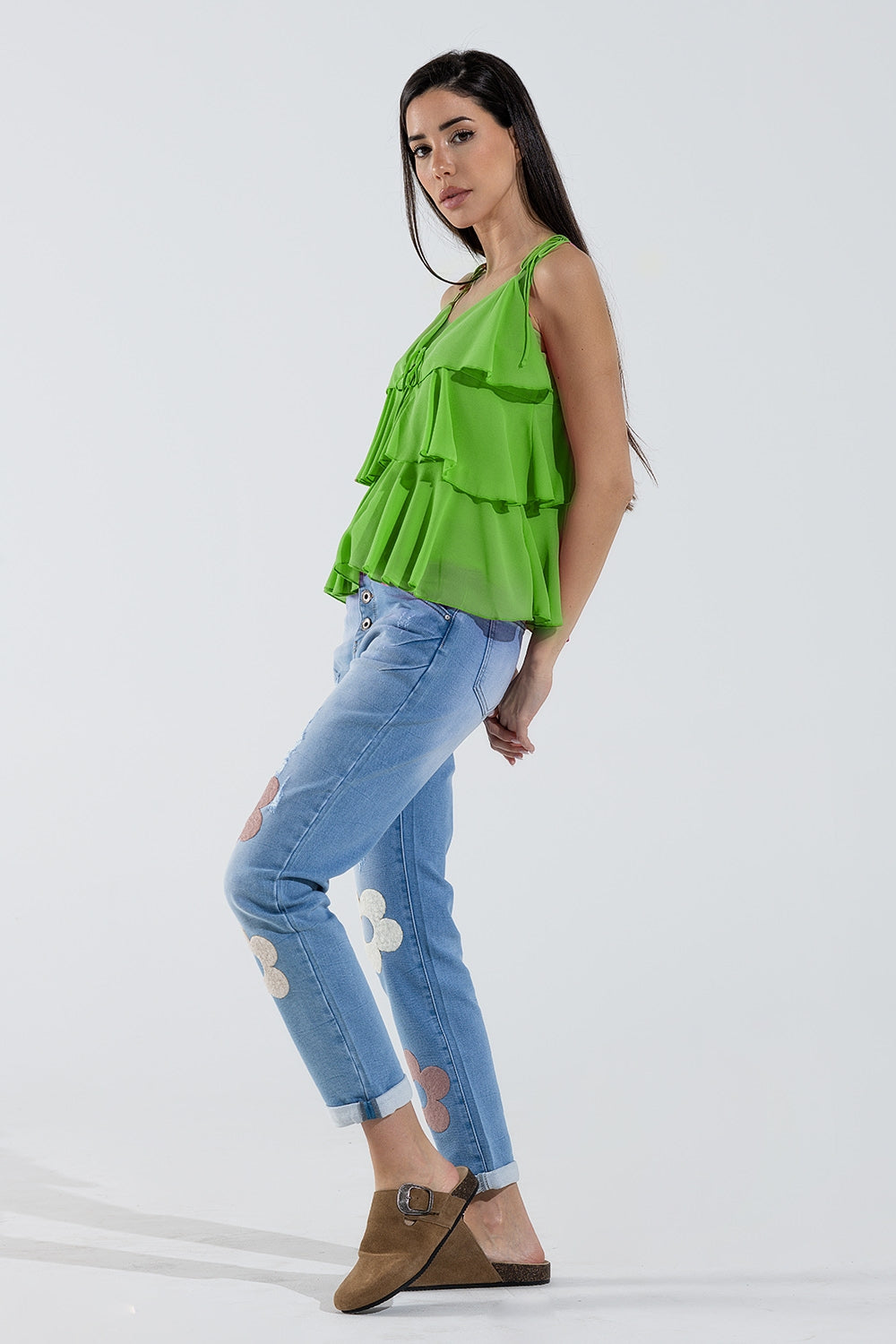 Ruffle Top WIth Thin Straps in Green