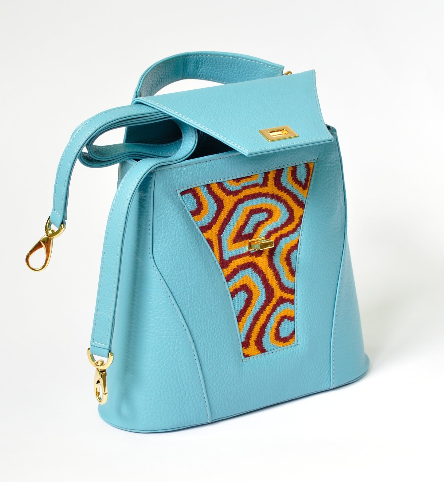 TATI BODUCH Designer Handbag, AGATE Collection, Genuine Leather: Turquise, Knitwear: Turquise