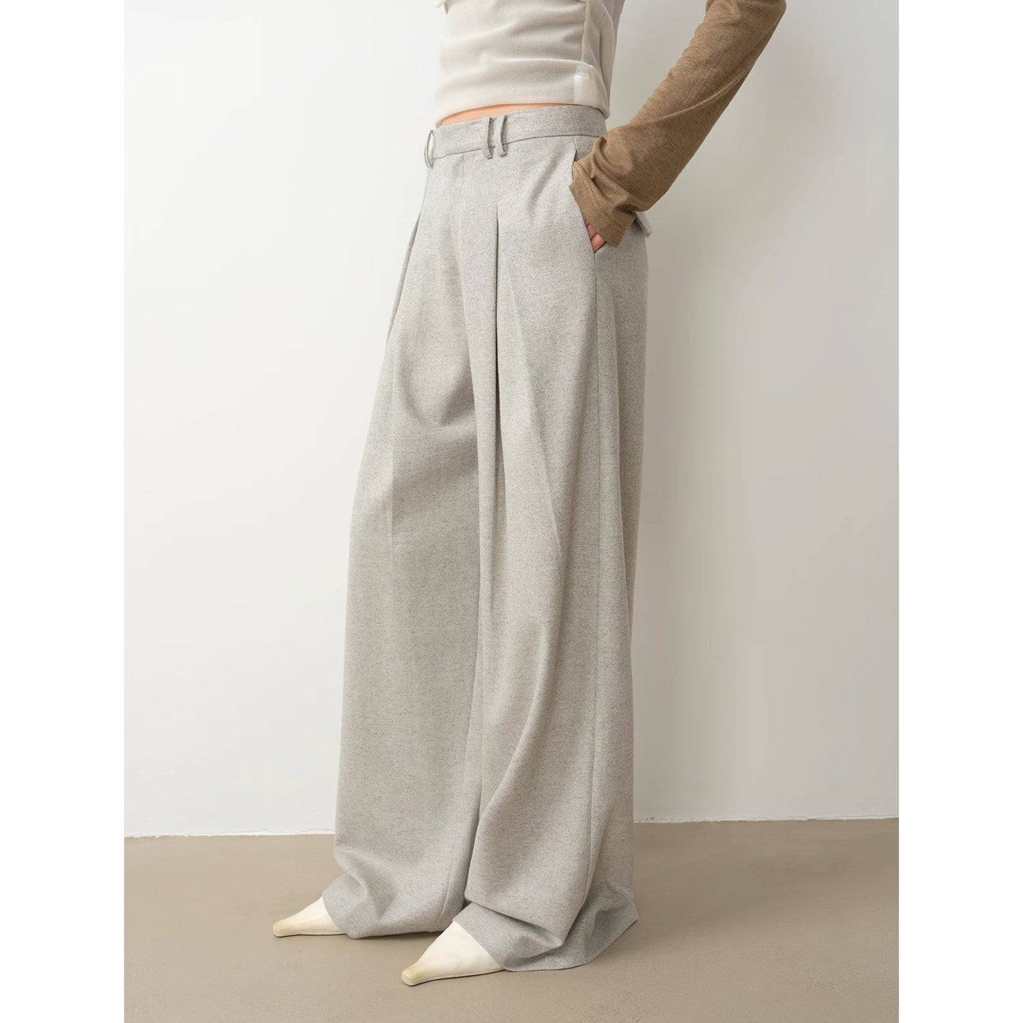 "City Stroll" Casual and Relaxed Wool-Blend Double-Pleated Straight Draped Wide-Leg Casual Trousers for Autumn
