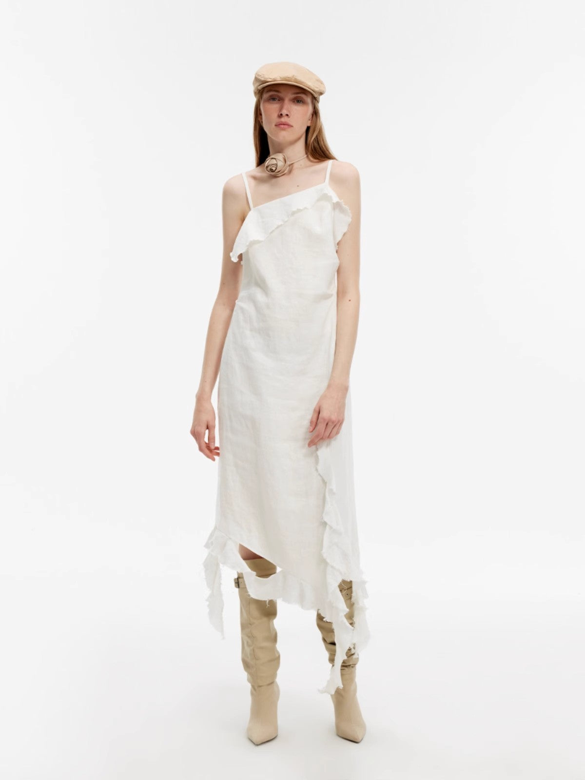 "Summer Whisper" Sand-Washed Linen Sling Ruffled Irregular Fit Sling Dress