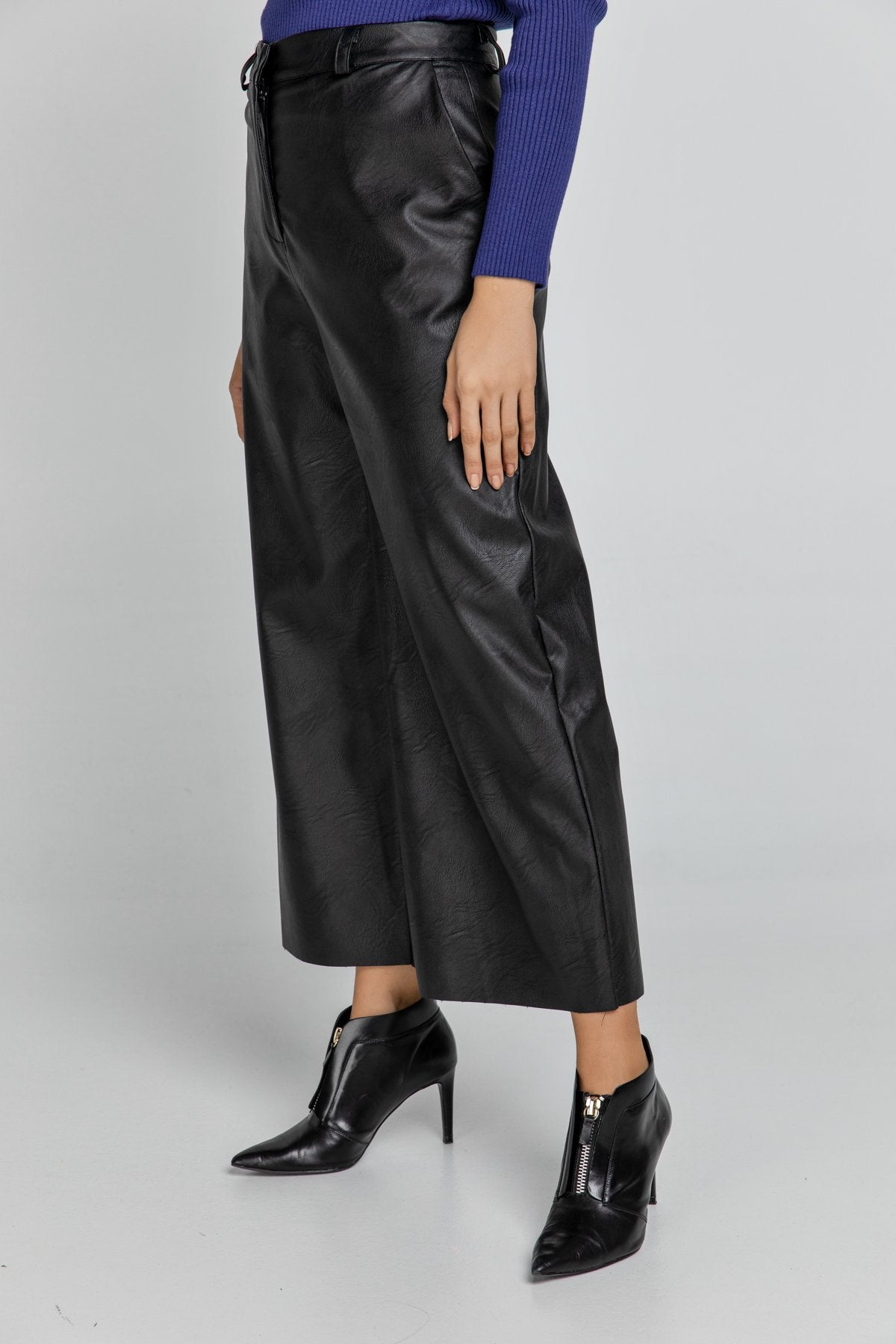 Black Faux Leather Culottes by Conquista Fashion