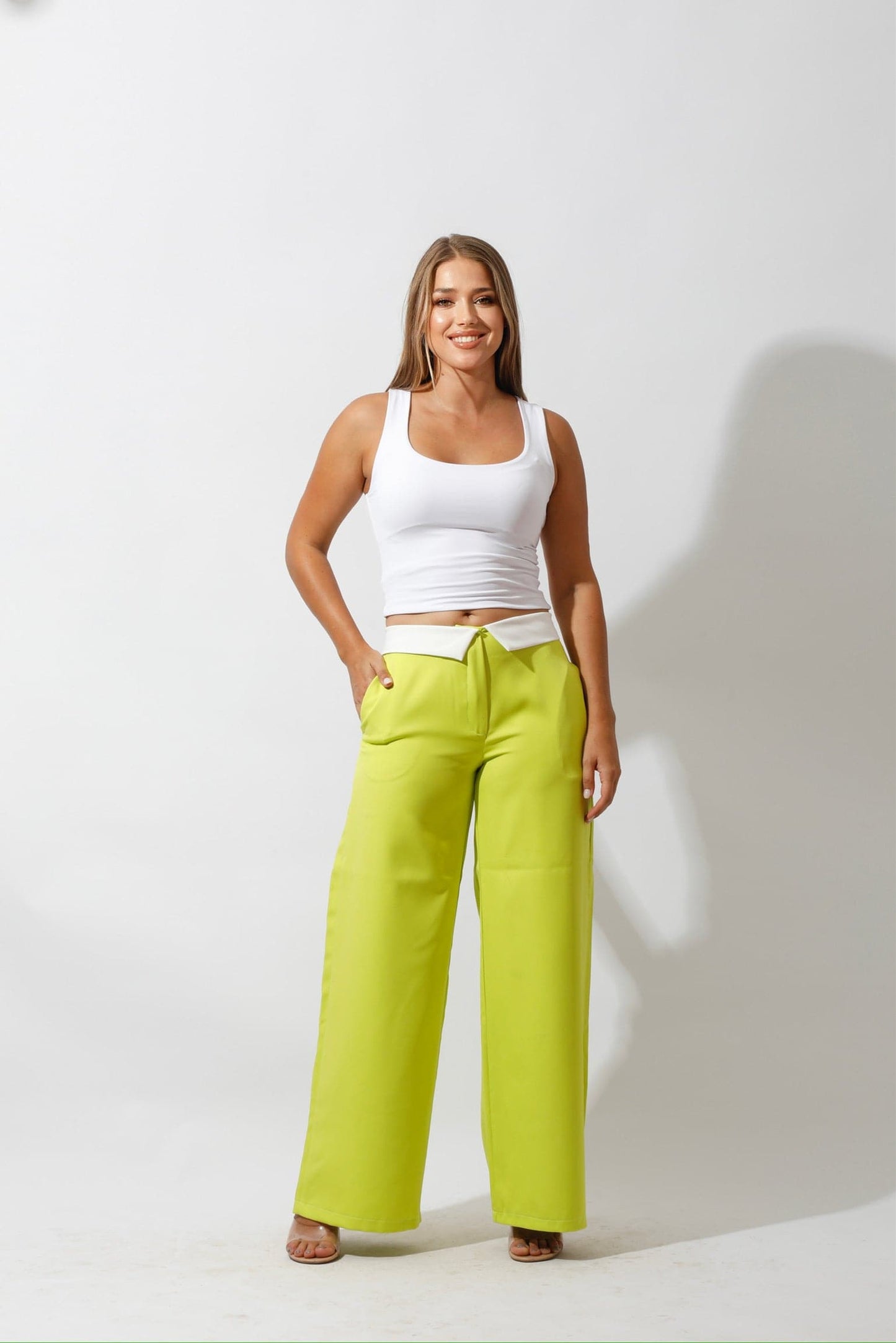 Reversed Waistband Wide Leg Pants - Lime Green