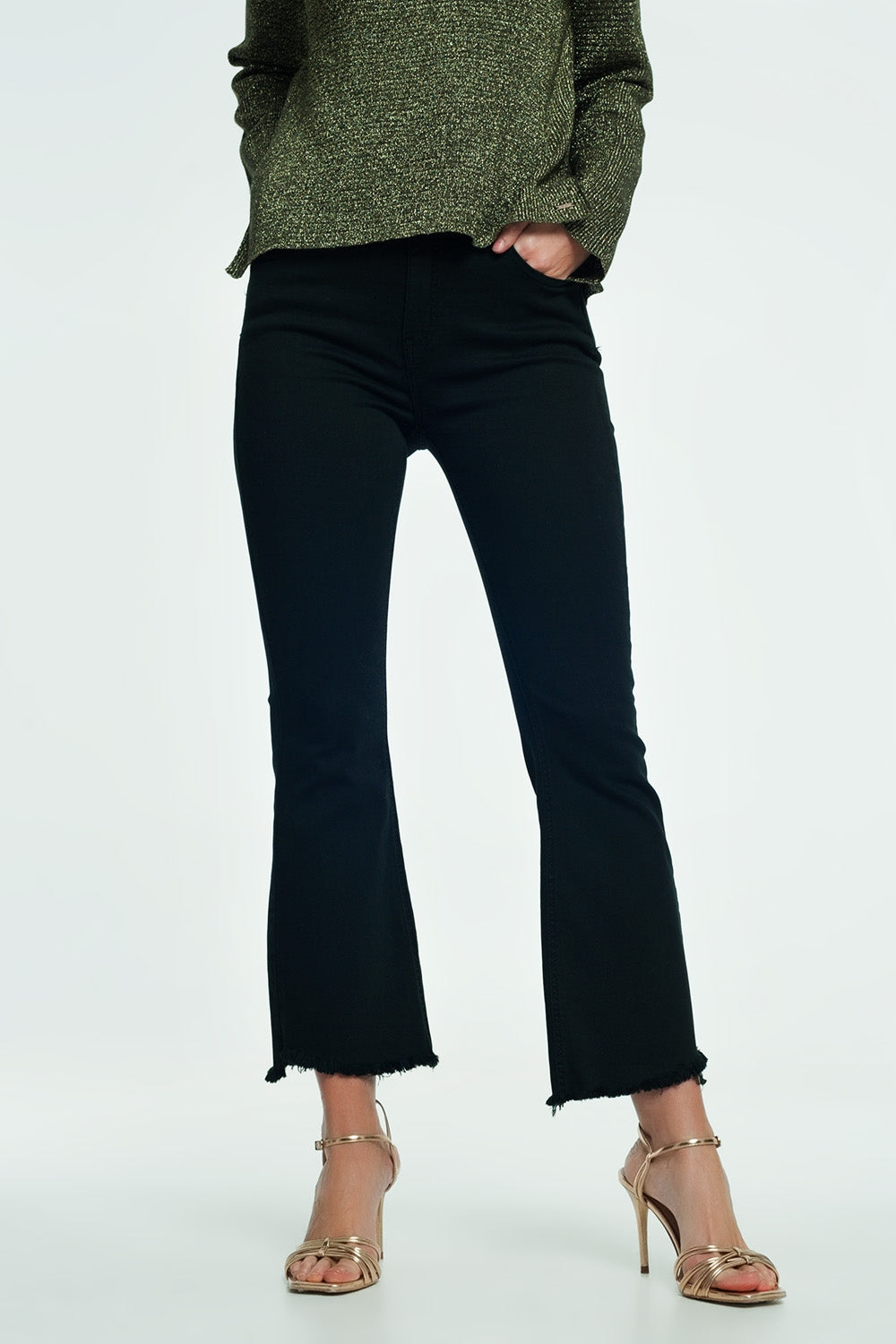 High Rise Raw Hem Flared Jeans in Black