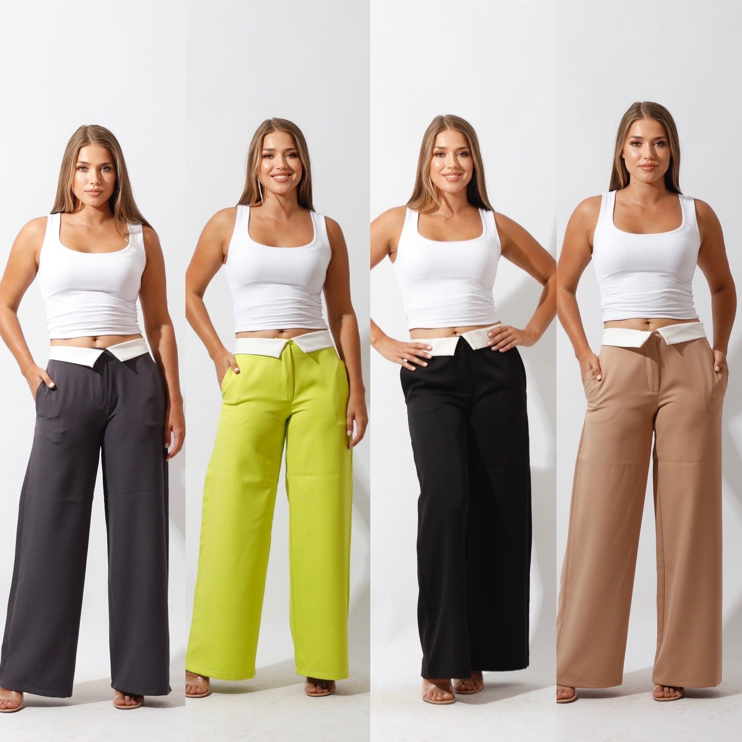 Reversed Waistband Wide Leg Pants - Lime Green