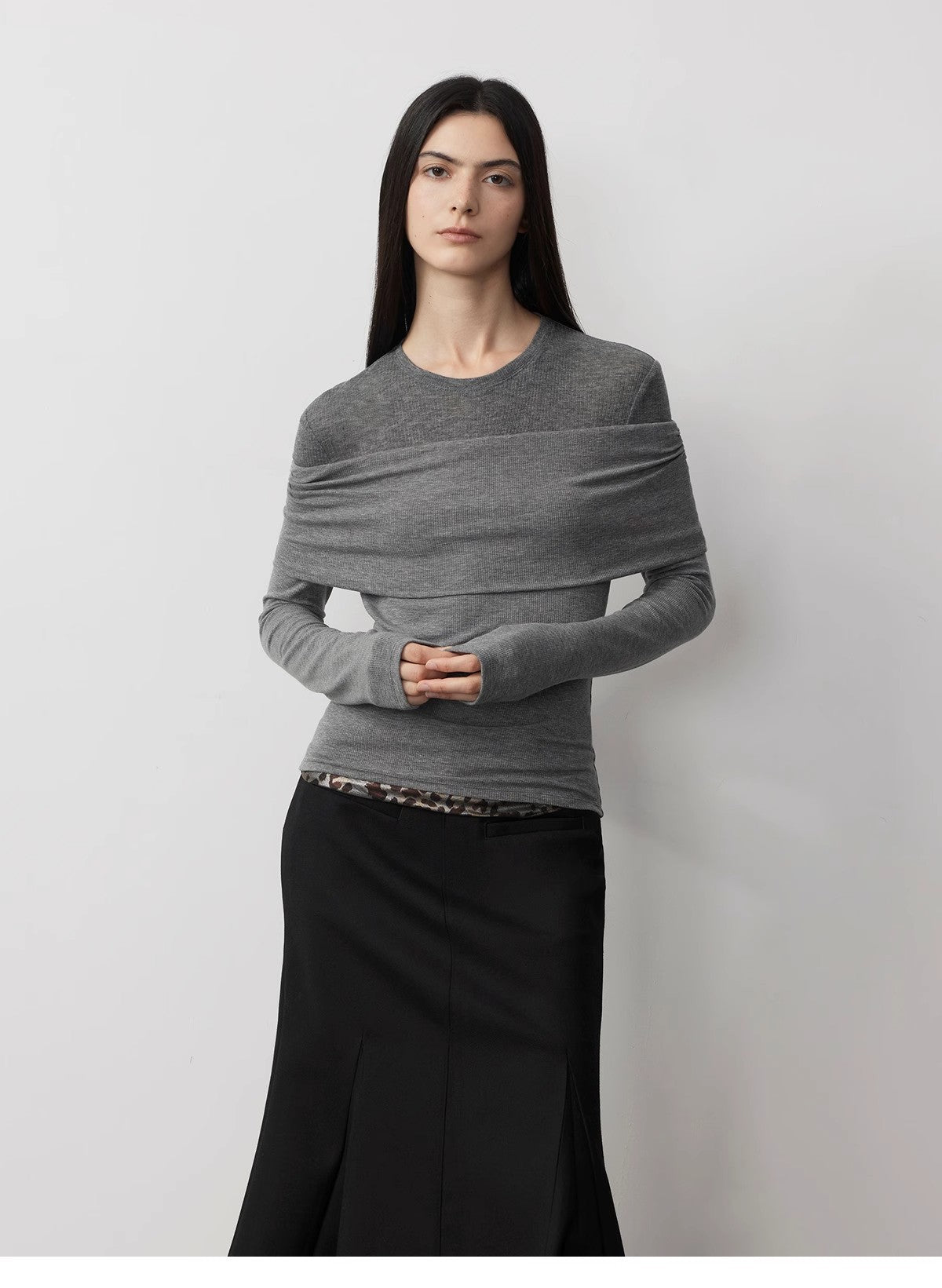 "Modern Tricks" Layere Splicing One-Shoulder Sheer Shirt