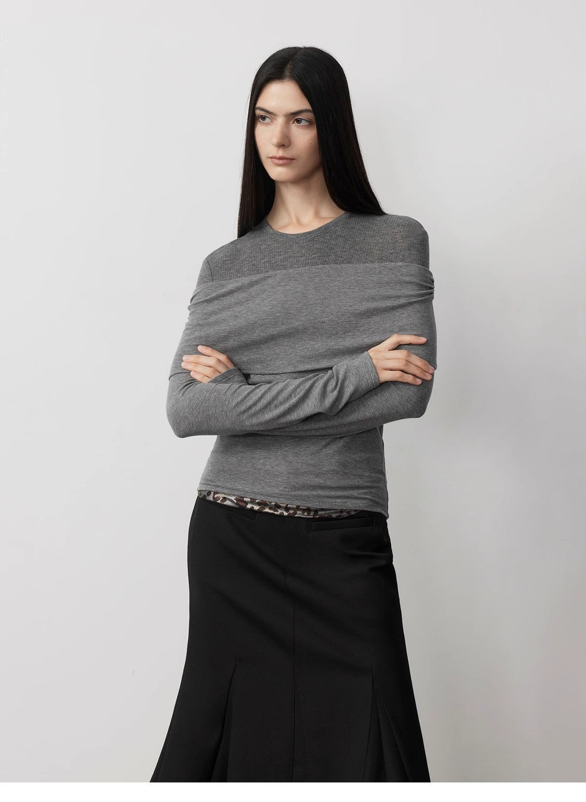 "Modern Tricks" Layere Splicing One-Shoulder Sheer Shirt