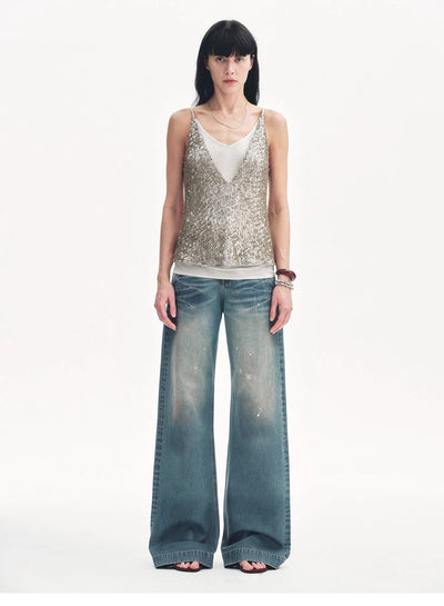 "Dream Catcher" Sequined Net Pattern Fake Two-Piece Deep v Waist Suspender Summer