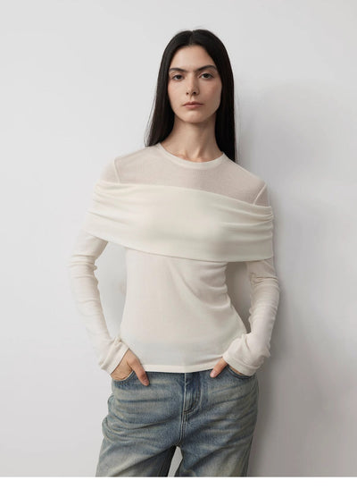 "Modern Tricks" Layere Splicing One-Shoulder Sheer Shirt