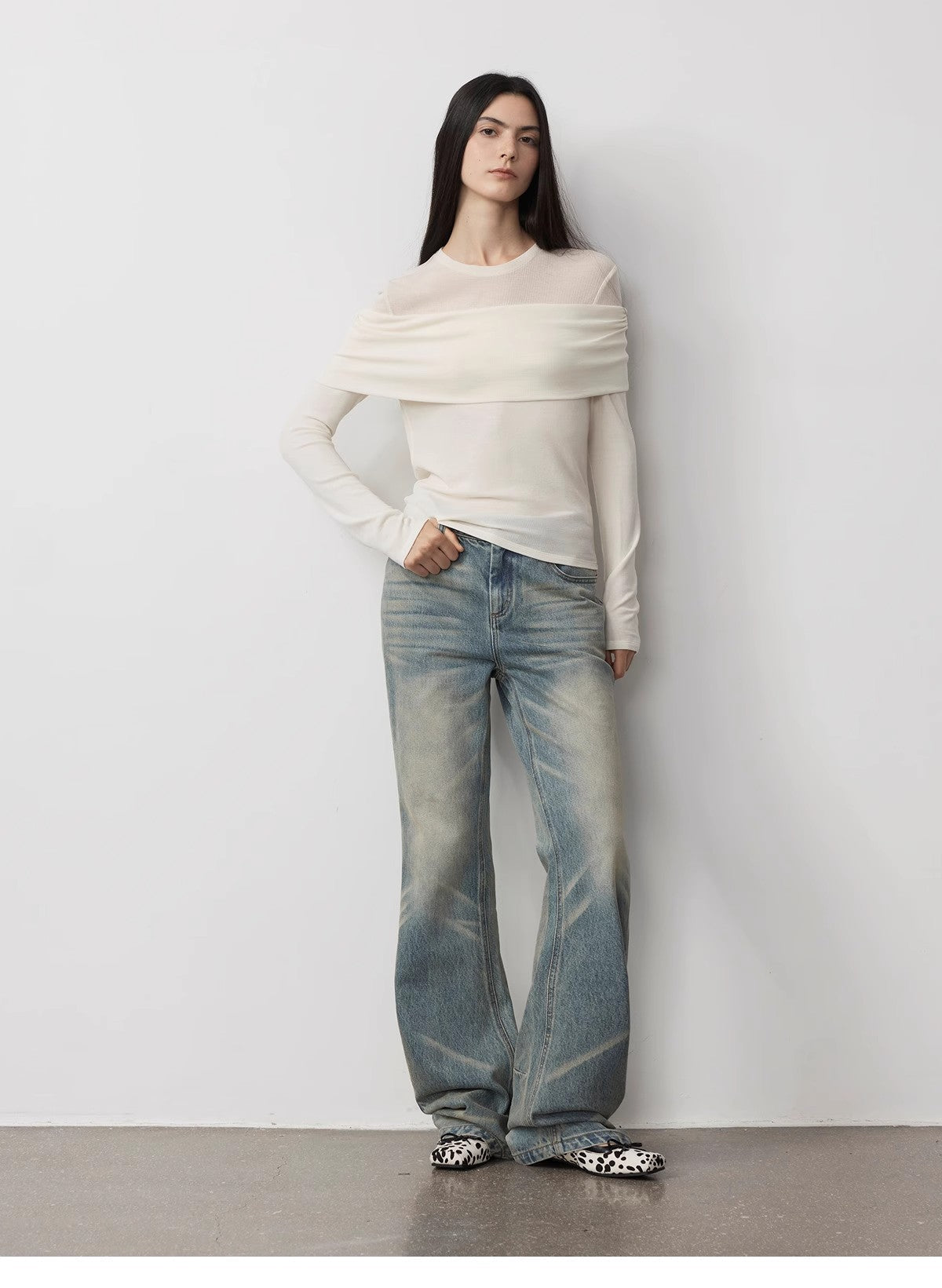 "Modern Tricks" Layere Splicing One-Shoulder Sheer Shirt