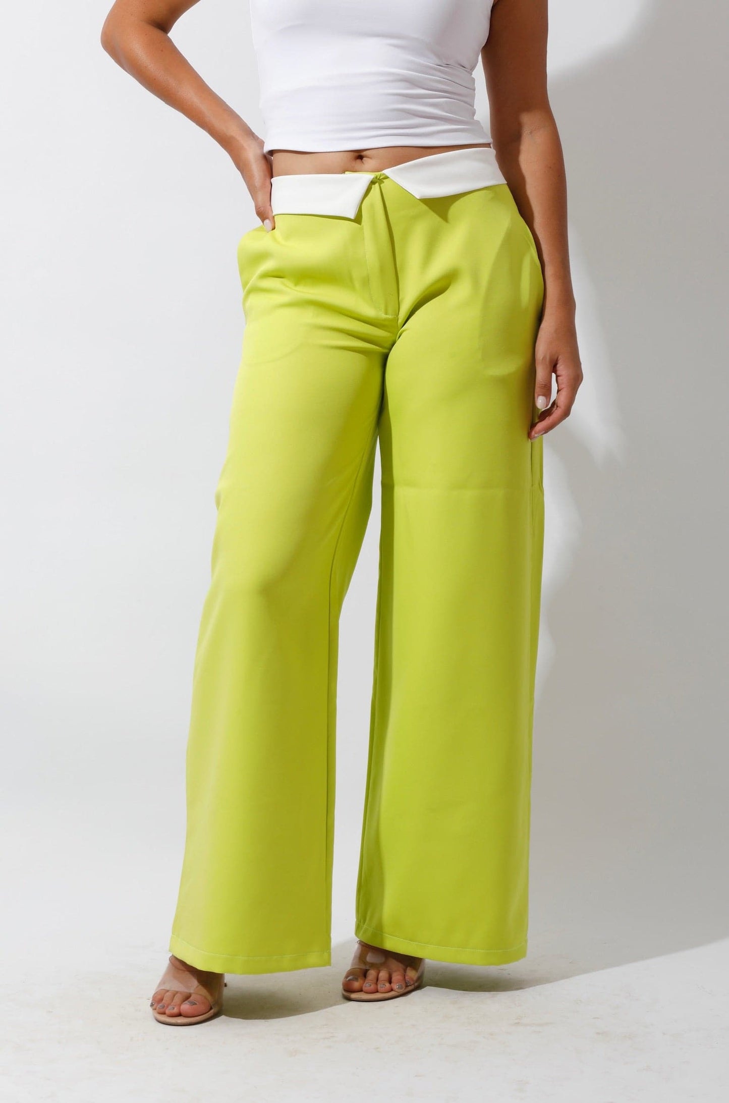Reversed Waistband Wide Leg Pants - Lime Green