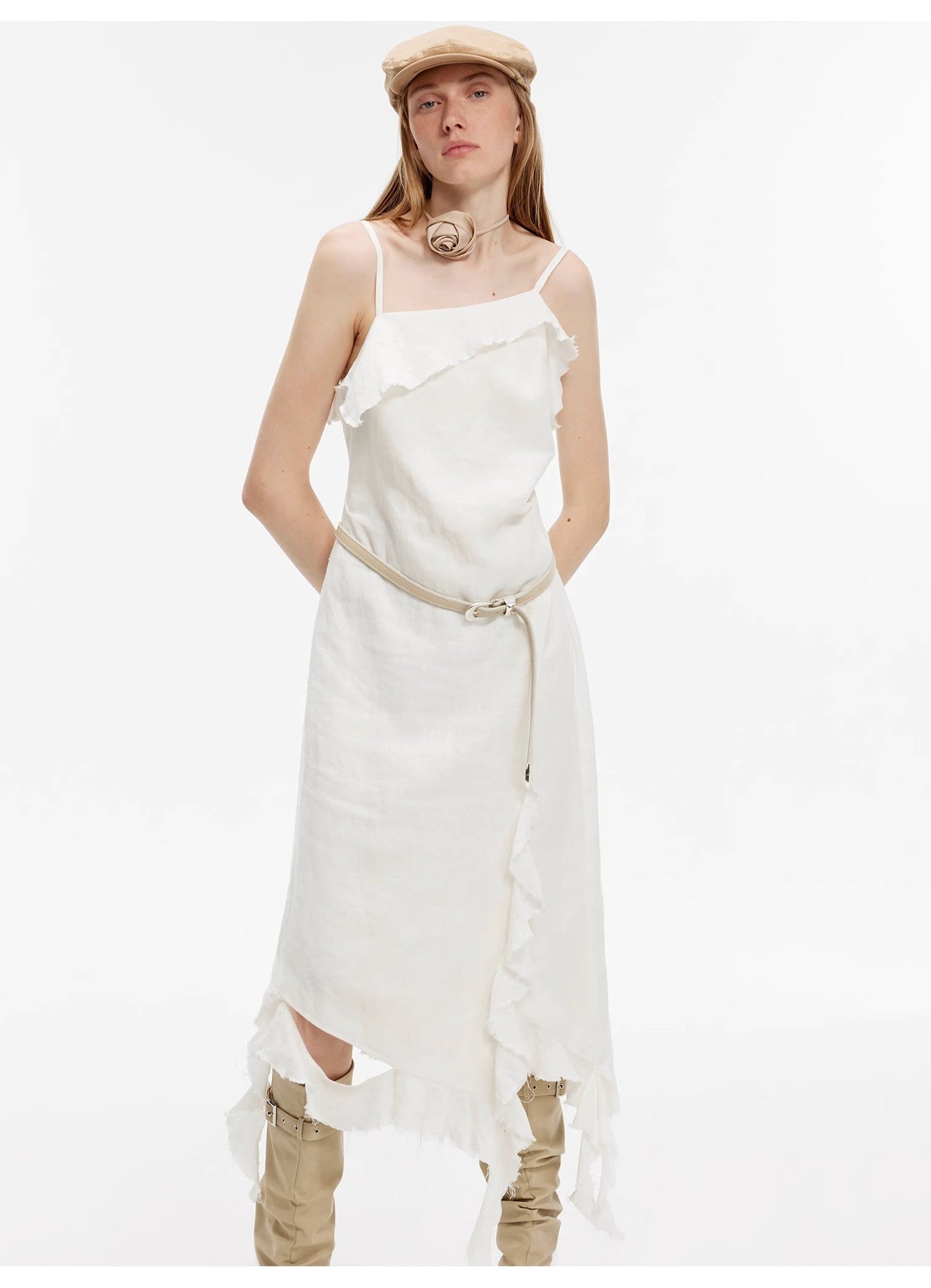 "Summer Whisper" Sand-Washed Linen Sling Ruffled Irregular Fit Sling Dress