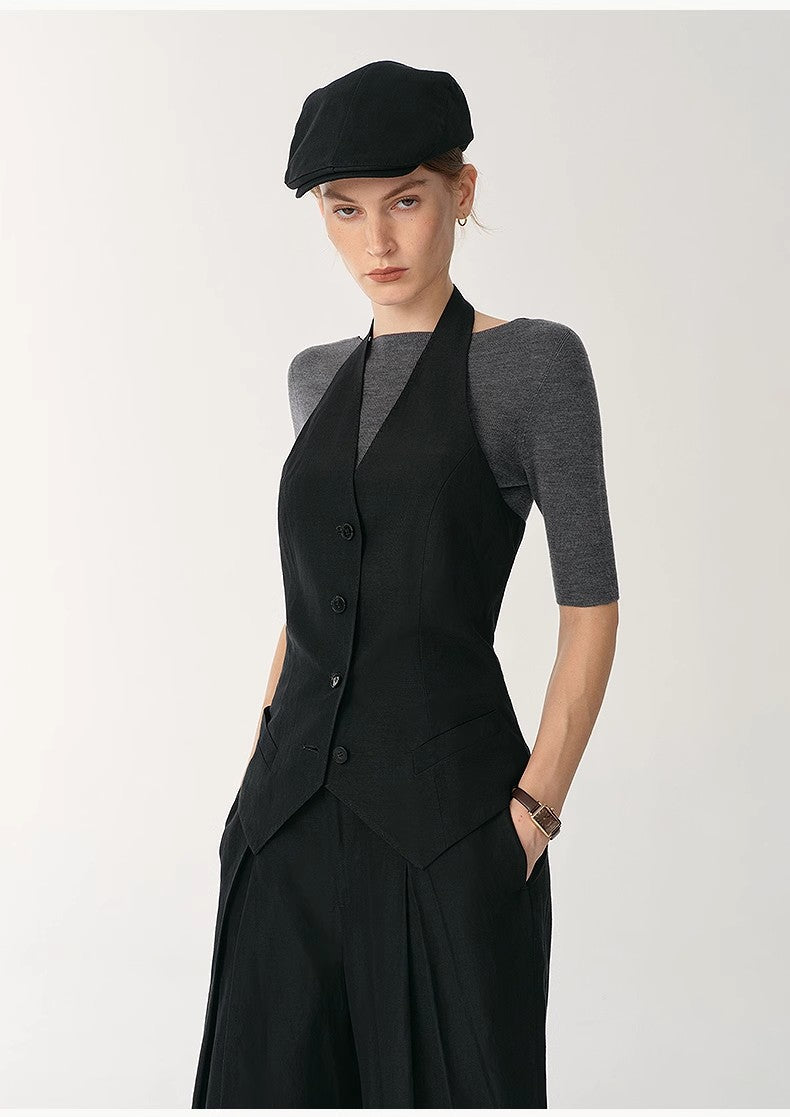 Classic Old Money Style Cool Feeling Silk Linen Halterneck Sleeveless Short Vest Women's Top