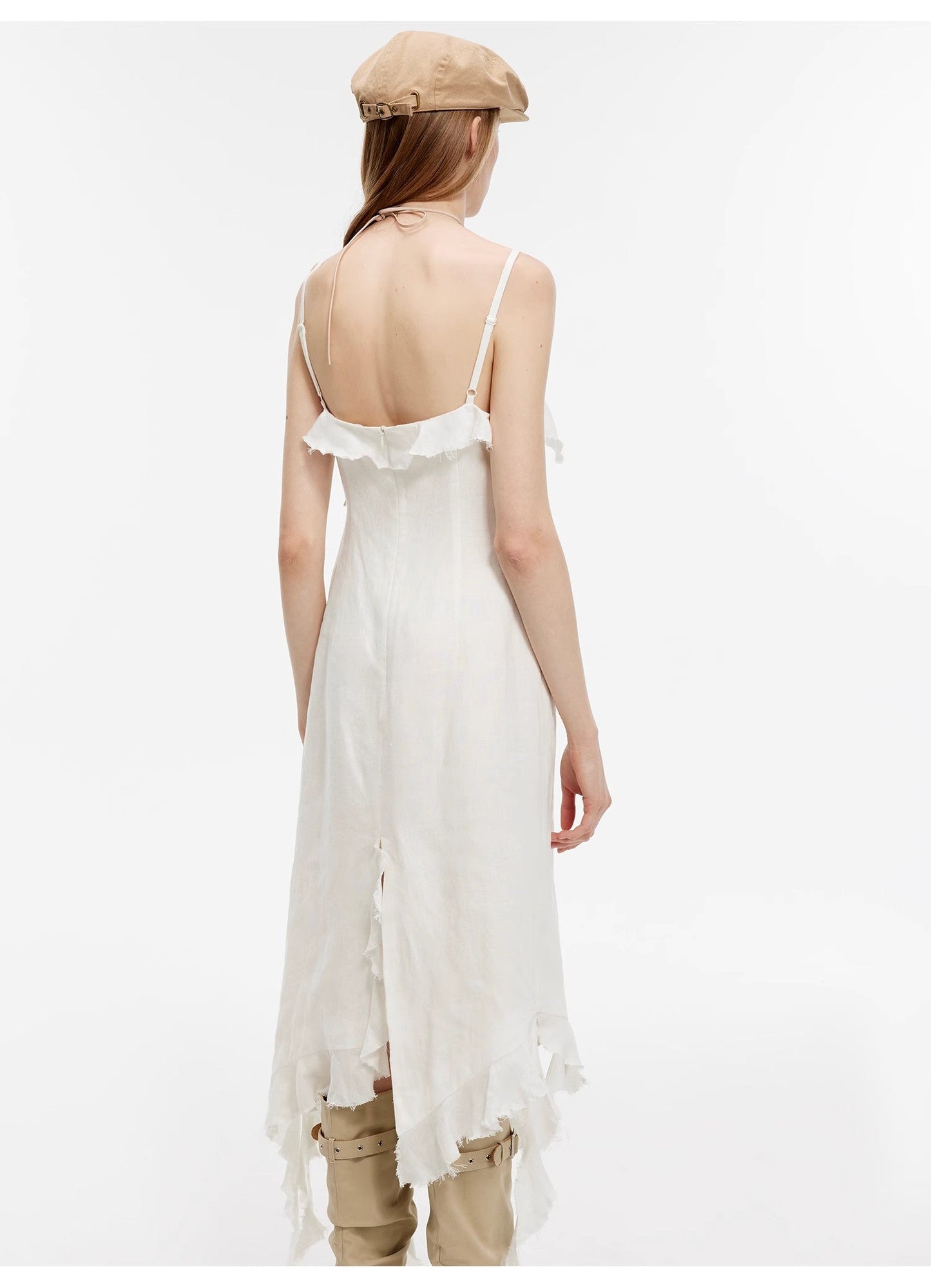 "Summer Whisper" Sand-Washed Linen Sling Ruffled Irregular Fit Sling Dress
