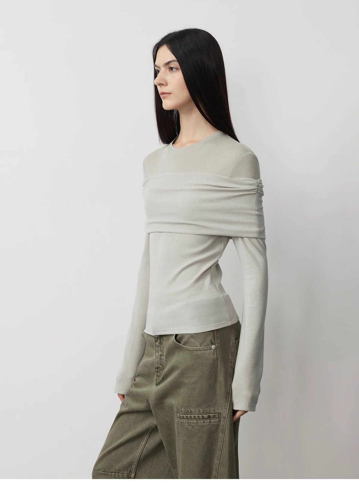 "Modern Tricks" Layere Splicing One-Shoulder Sheer Shirt