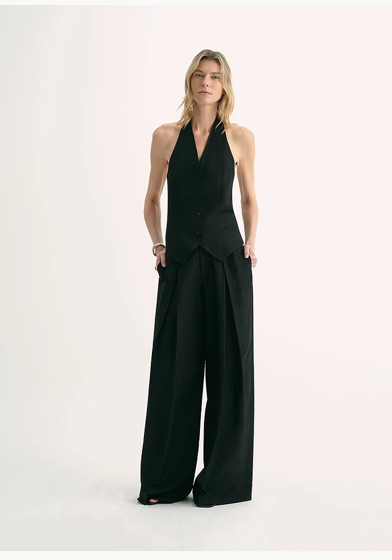 Classic Old Money Style Cool Feeling Silk Linen Halterneck Sleeveless Short Vest Women's Top