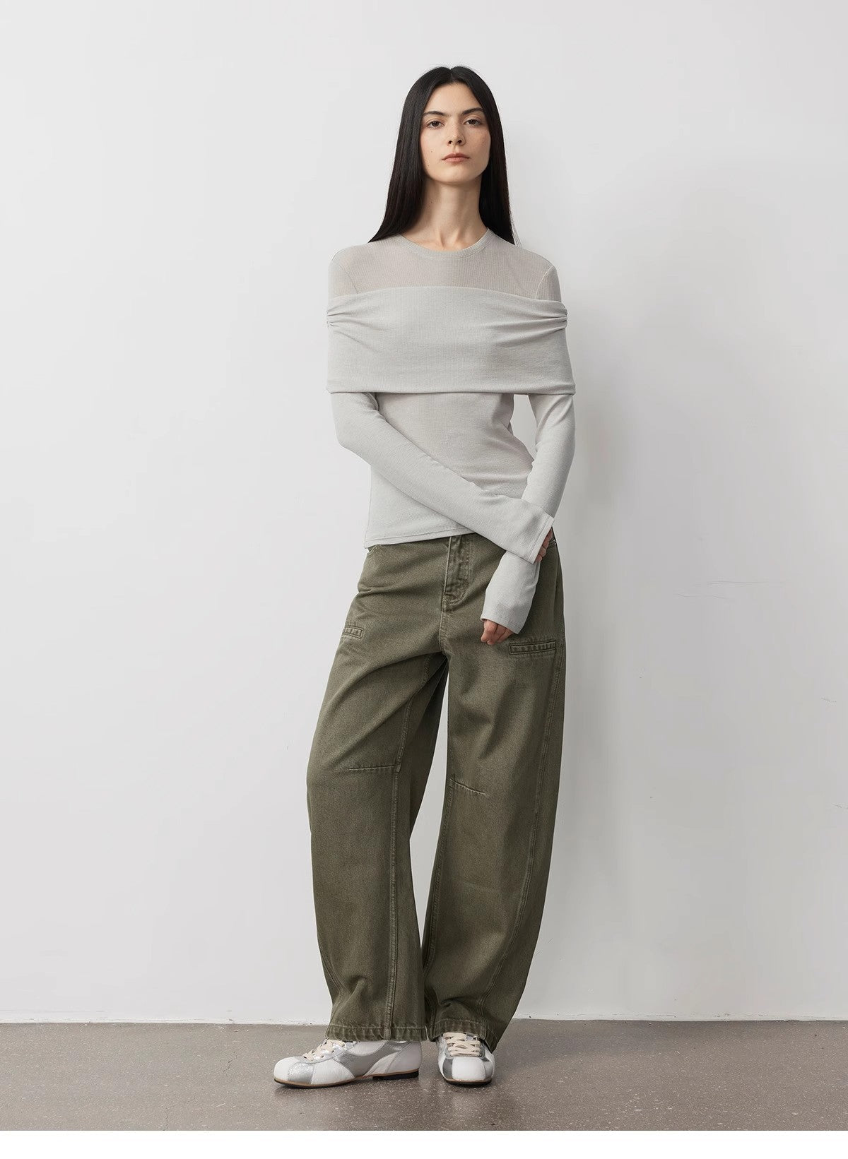 "Modern Tricks" Layere Splicing One-Shoulder Sheer Shirt