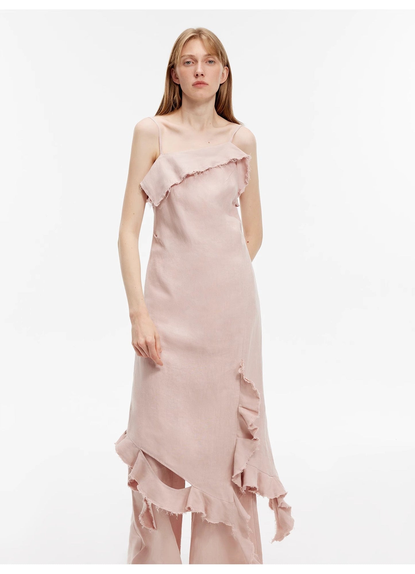 "Summer Whisper" Sand-Washed Linen Sling Ruffled Irregular Fit Sling Dress